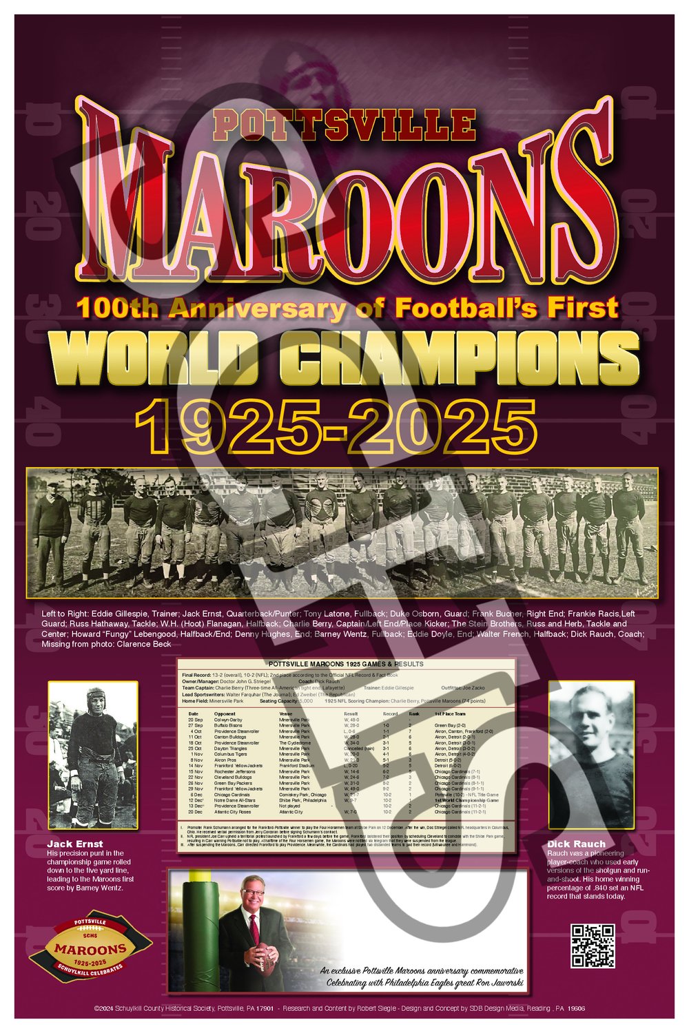 Pottsville Maroons 1925 World Championship Poster WITH Ron Jaworski Si ...